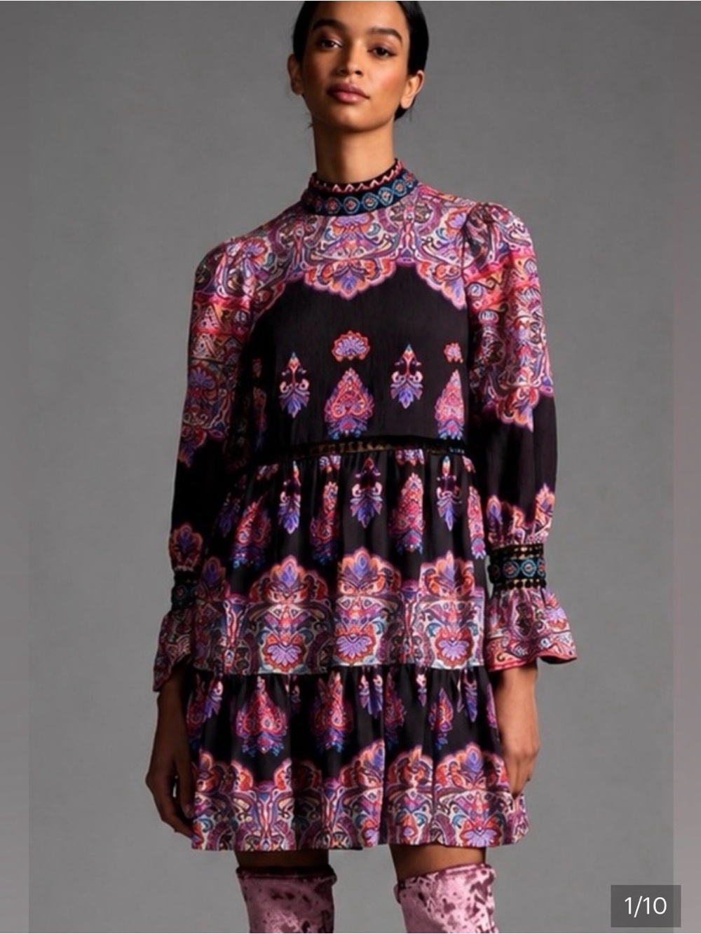Anthropologie Black Mini Dress with Pink and Purple Paisley